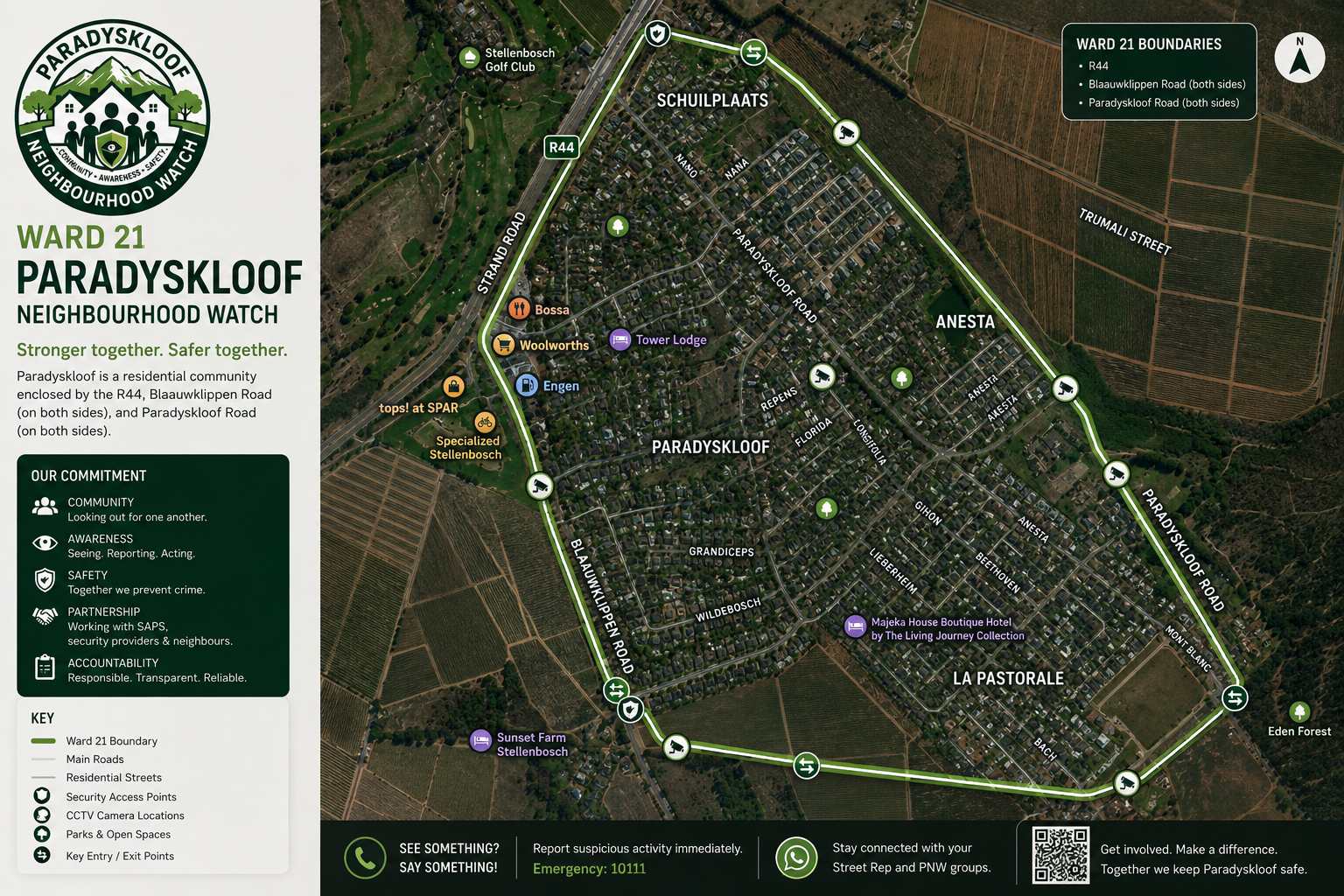 Map of Paradyskloof Ward 21 showing boundaries along the R44, Blaauwklippen Road and Paradyskloof Road, with CCTV and security access overlays.